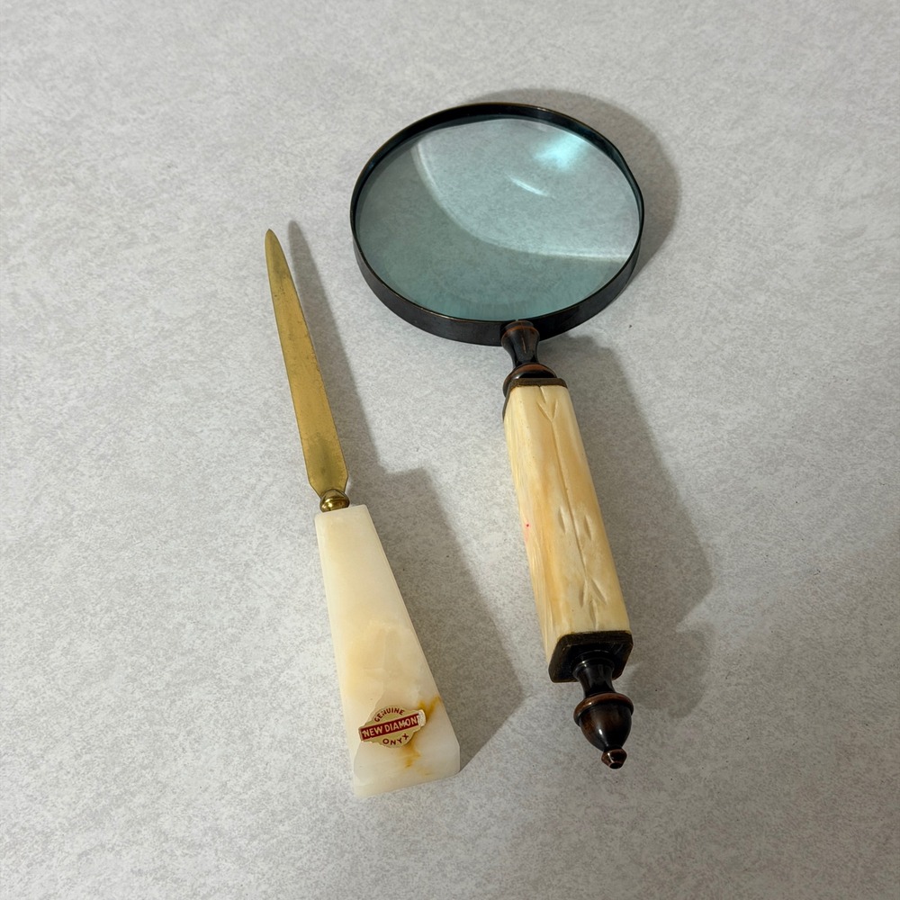 Vintage New Diamond Onyx Letter Opener and Magnifying Glass Desk Set Brass